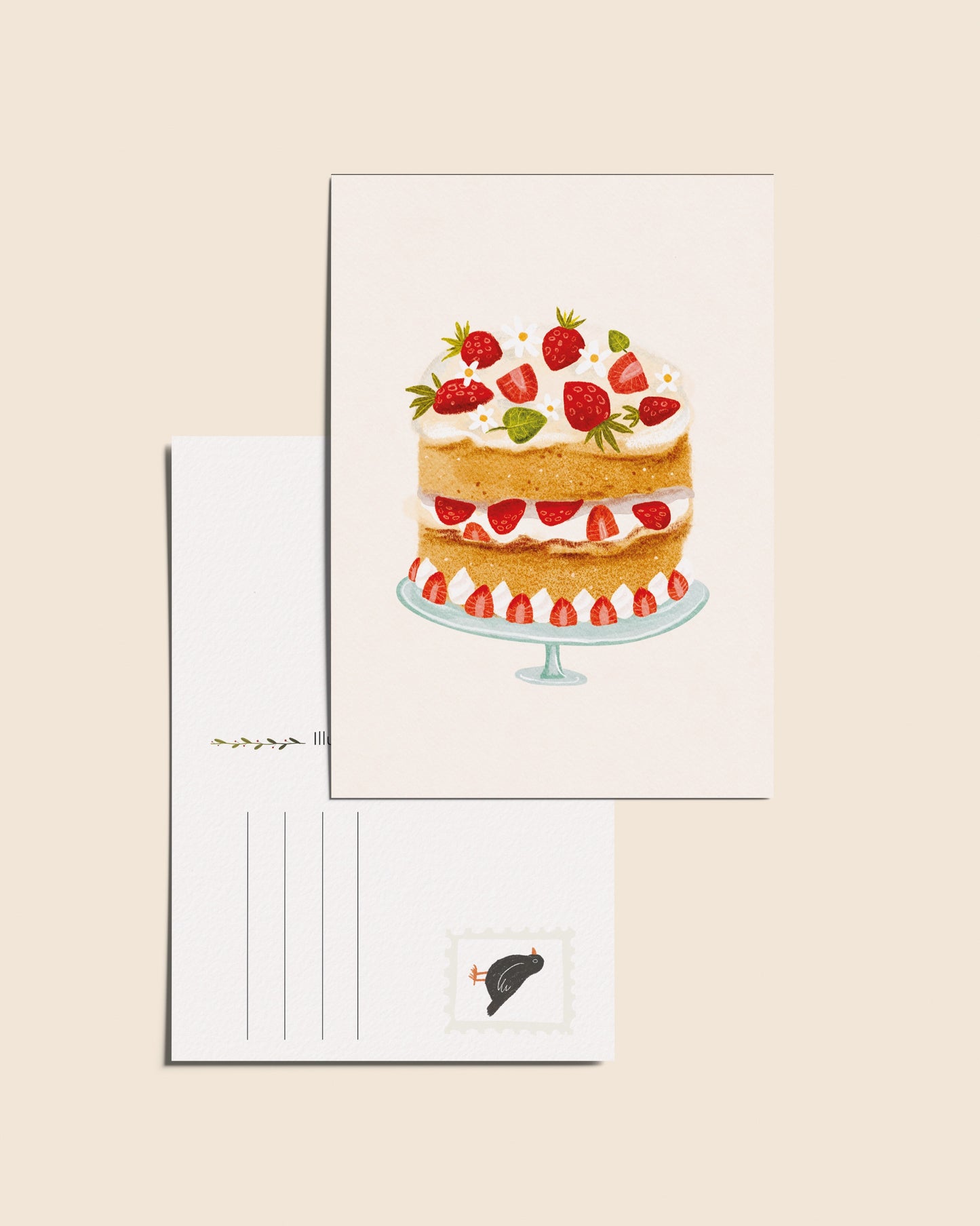 “Aardbeientaart” – A6 Geïllustreerde Ansichtkaart | 350gsm Tintoretto Gesso