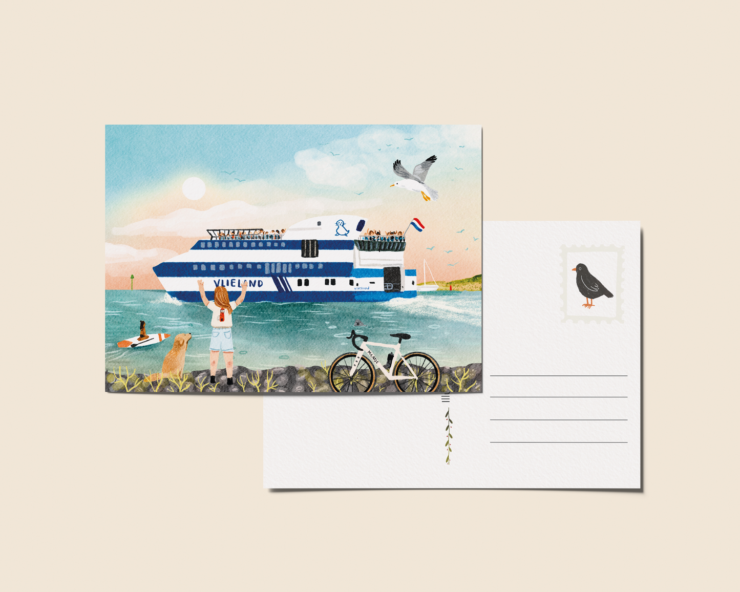 “Doei Vlieland!" – A6 Geïllustreerde Kaart | 350gsm Tintoretto Gesso