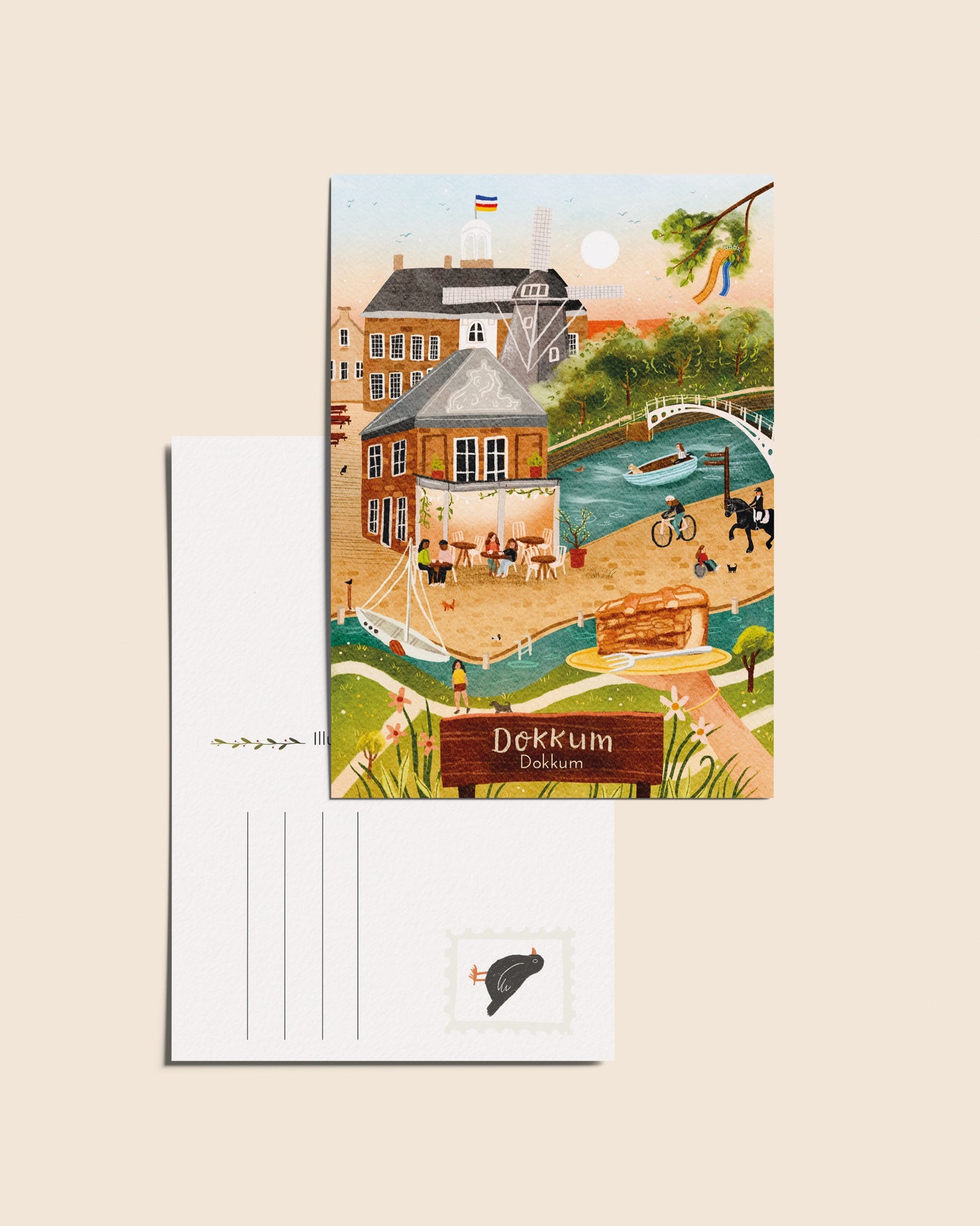 “Dokkum” – A6 Geïllustreerde Ansichtkaart | 350gsm Tintoretto Gesso | Elfstedenserie