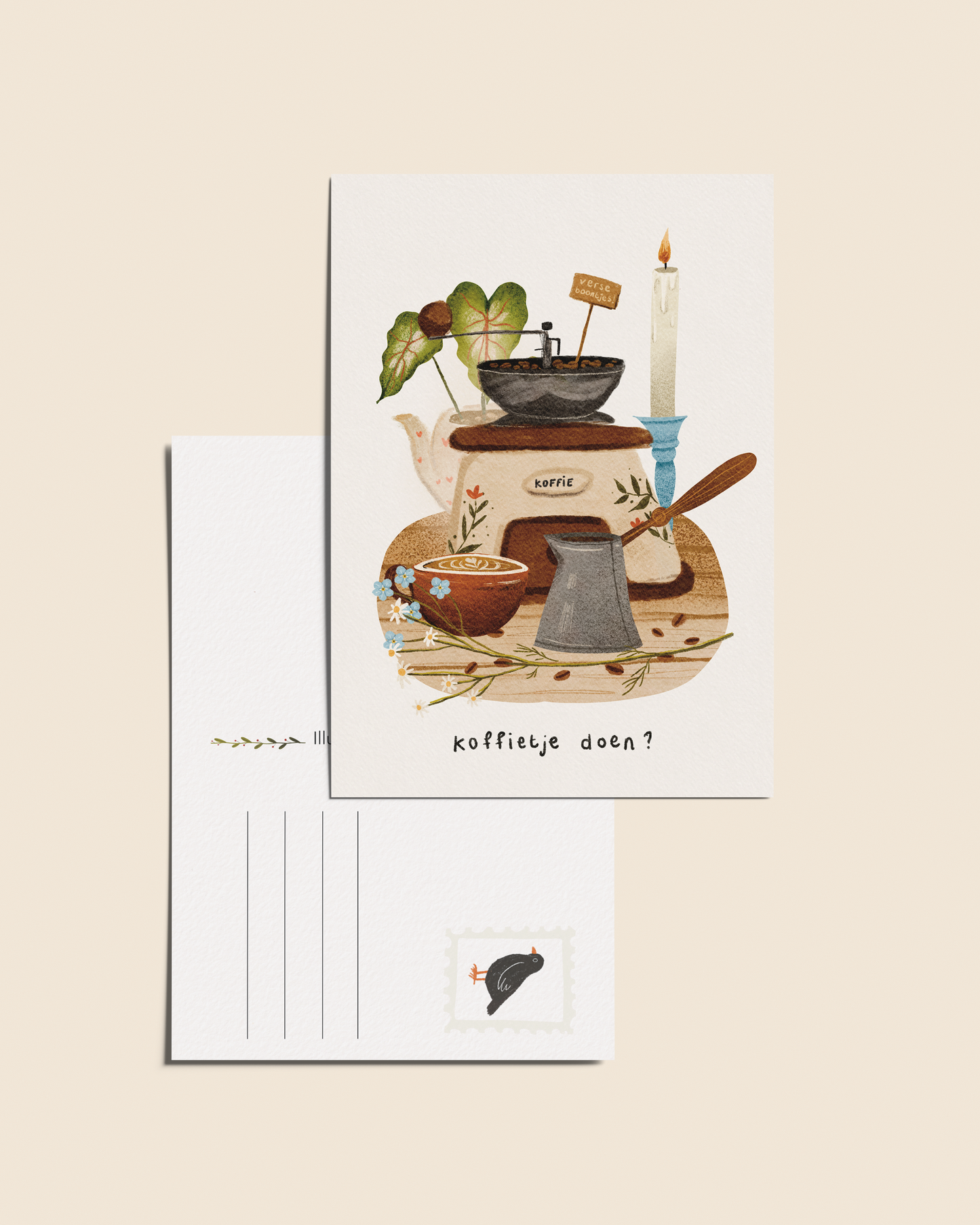 “Koffietje doen?” – A6 Geïllustreerde Kaart | 350gsm Tintoretto Gesso