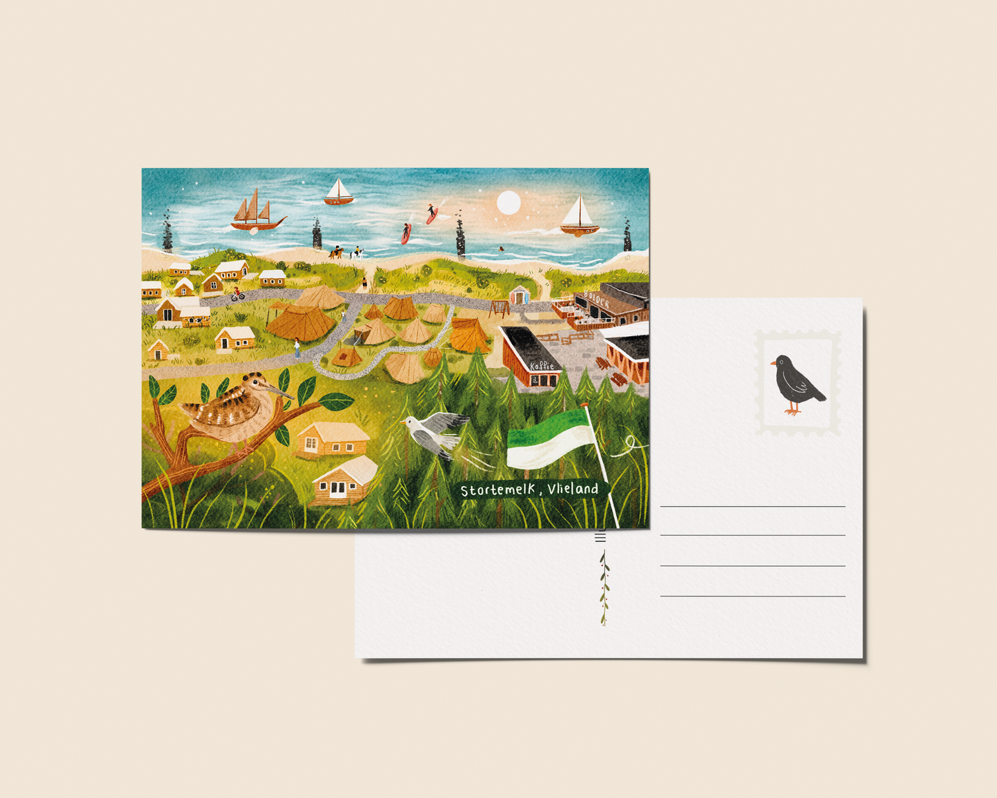 “Kampeerterrein Stortemelk Vlieland" – A6 Geïllustreerde Kaart | 350gsm Tintoretto Gesso