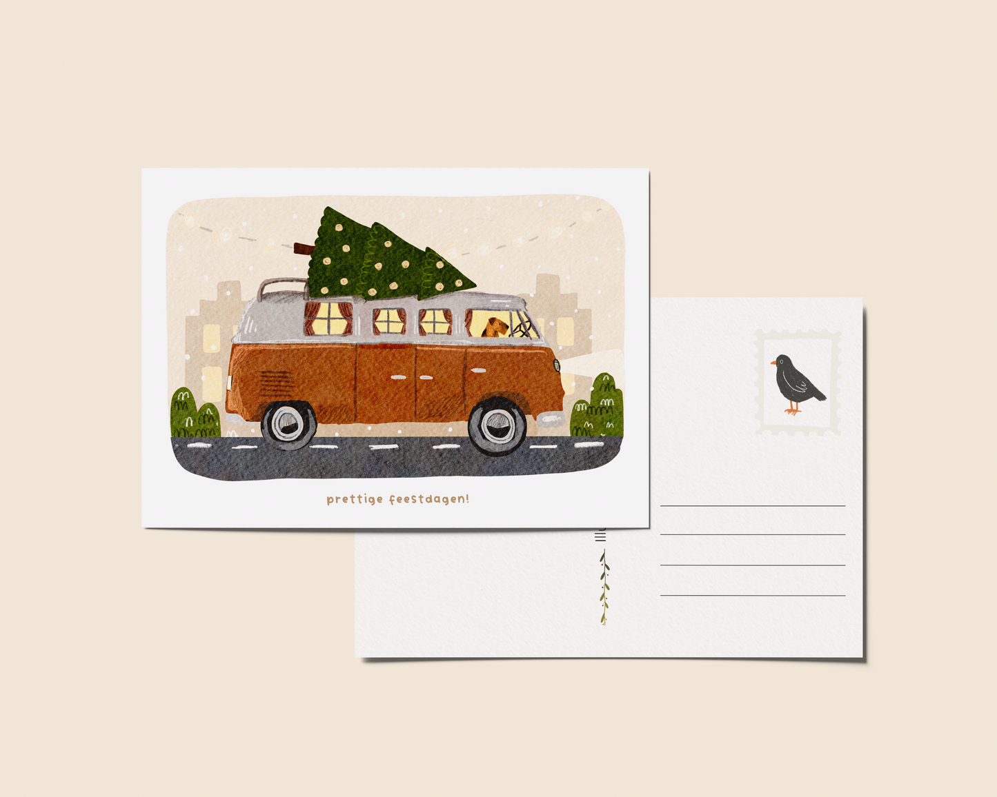 Ansichtkaart 'VW busje kerstkaart', A6