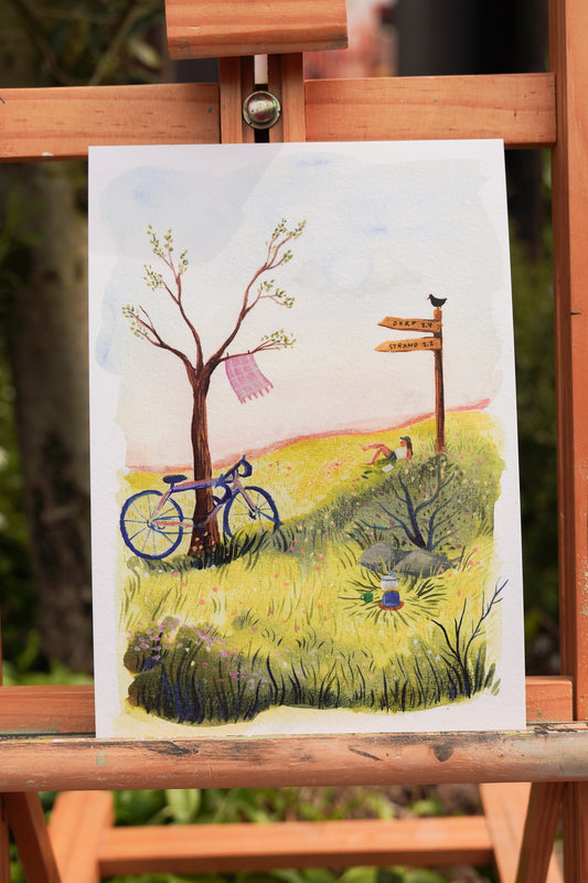 “Fietspauze” – A5 Illustratie Print | Art Print op 300gsm Tintoretto Gesso