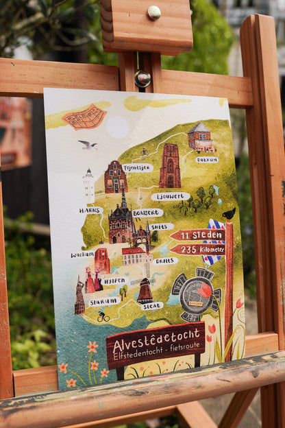 “Fietselfstedenroute” – A5 Illustratie Print | Art Print op 300gsm Tintoretto Gesso | Elfstedenset