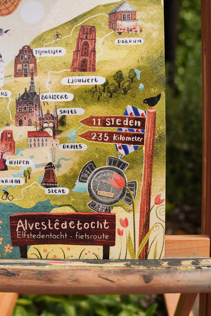 “Fietselfstedenroute” – A5 Illustratie Print | Art Print op 300gsm Tintoretto Gesso | Elfstedenset