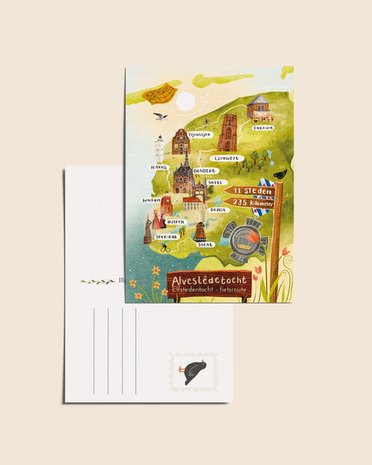 “Fietselfstedenroute” – A6 Geïllustreerde Ansichtkaart | 350gsm Tintoretto Gesso | Elfstedenserie