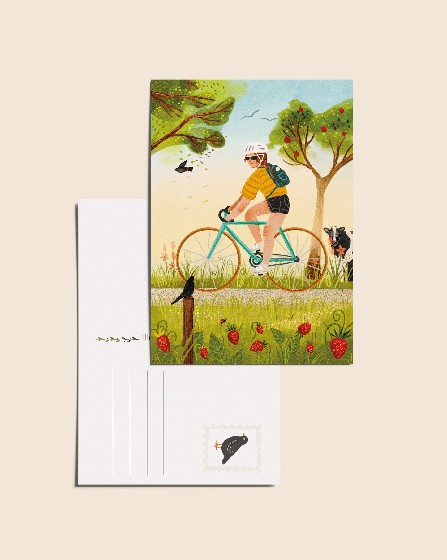 “Fietstochtje langs de koeien” – A6 Geïllustreerde Ansichtkaart | 350gsm Tintoretto Gesso