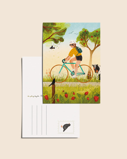 “Fietstochtje langs de koeien” – A6 Geïllustreerde Ansichtkaart | 350gsm Tintoretto Gesso