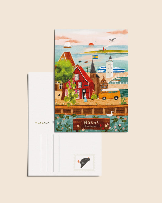 “Harlingen” – A6 Geïllustreerde Ansichtkaart | 350gsm Tintoretto Gesso | Elfstedenserie