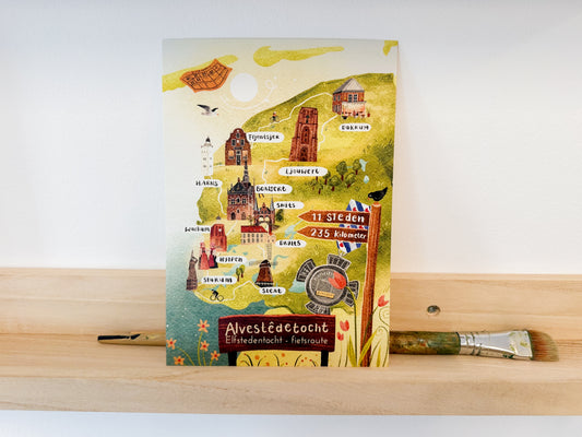 “Fietselfstedenroute” – A5 Illustratie Print | Art Print op 300gsm Tintoretto Gesso | Elfstedenset