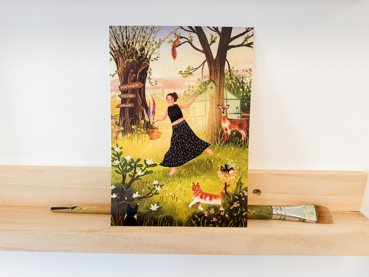 “Dansen in de tuin” – A5 Illustratie Print | Art Print op 300gsm Tintoretto Gesso