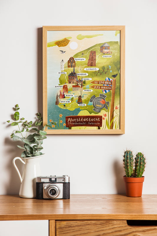 “Fietselfstedenroute” – A5 Illustratie Print | Art Print op 300gsm Tintoretto Gesso | Elfstedenset