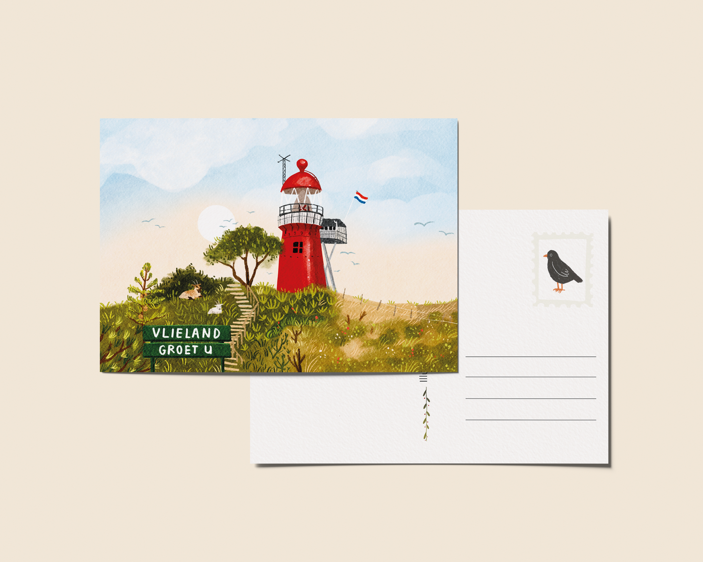 “Vlieland groet u!" – A6 Geïllustreerde Kaart | 350gsm Tintoretto Gesso