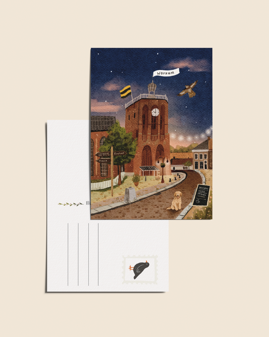 Ansichtkaart 'Workum in de avond', A6